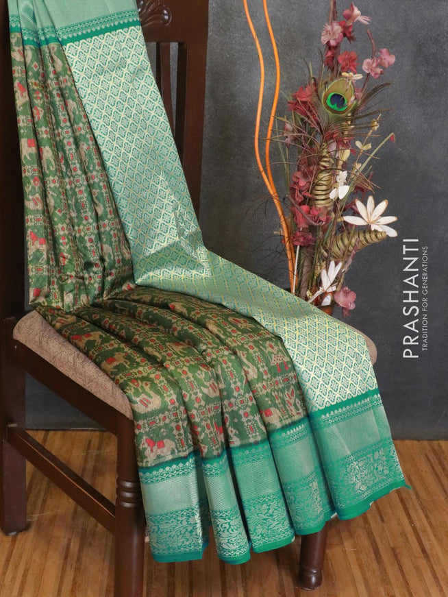 Malai silk saree green and blue shade with allover self emboss prints and zari woven floral border - {{ collection.title }} by Prashanti Sarees