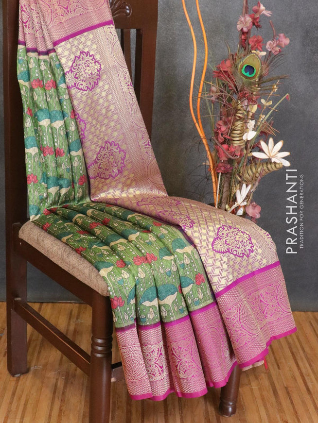 Malai silk saree green and purple with allover self emboss prints and zari woven border - {{ collection.title }} by Prashanti Sarees
