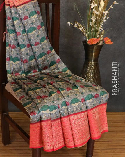 Malai silk saree grey and red with allover self emboss & floral prints and zari woven border - {{ collection.title }} by Prashanti Sarees