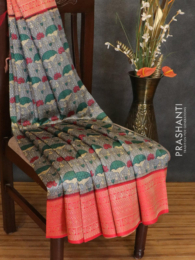 Malai silk saree grey and red with allover self emboss & floral prints and zari woven border - {{ collection.title }} by Prashanti Sarees
