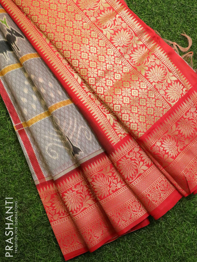 Malai silk saree grey and red with allover self emboss & prints and zari woven border - {{ collection.title }} by Prashanti Sarees