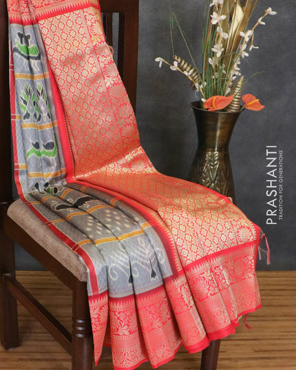Malai silk saree grey and red with allover self emboss & prints and zari woven border - {{ collection.title }} by Prashanti Sarees