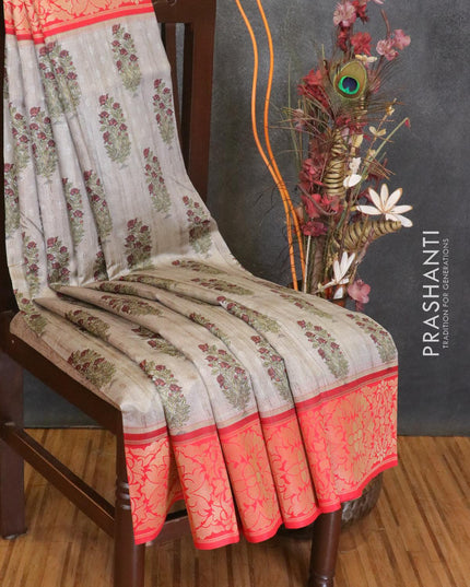 Malai silk saree grey and red with allover self emboss floral butta prints and floral zari woven border - {{ collection.title }} by Prashanti Sarees