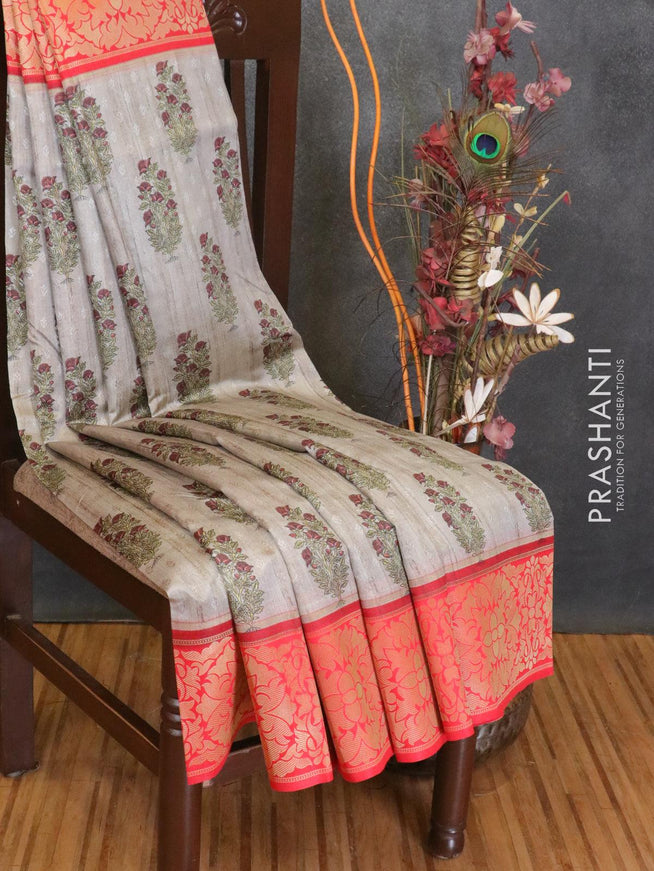 Malai silk saree grey and red with allover self emboss floral butta prints and floral zari woven border - {{ collection.title }} by Prashanti Sarees