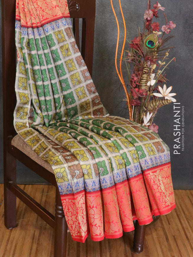 Malai silk saree grey and red with allover self emboss floral prints and floral zari woven border - {{ collection.title }} by Prashanti Sarees