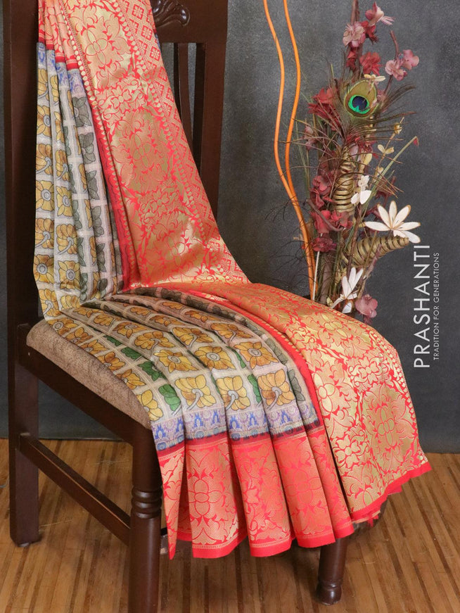 Malai silk saree grey and red with allover self emboss floral prints and floral zari woven border - {{ collection.title }} by Prashanti Sarees
