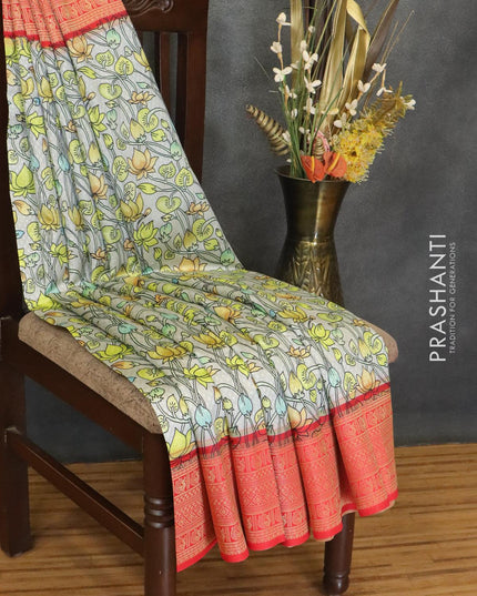 Malai silk saree grey and red with allover self emboss floral prints and zari woven border - {{ collection.title }} by Prashanti Sarees