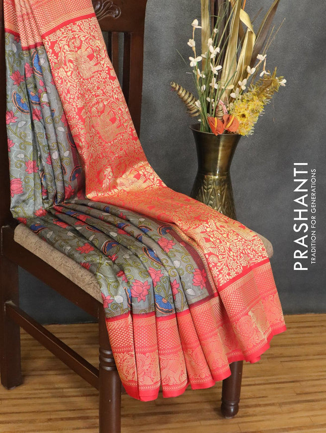 Malai silk saree grey and red with allover self emboss floral prints and zari woven border - {{ collection.title }} by Prashanti Sarees