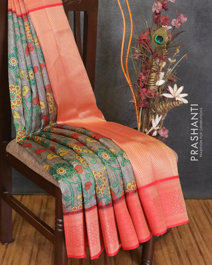 Malai silk saree grey and red with allover self emboss floral prints and zari woven border - {{ collection.title }} by Prashanti Sarees