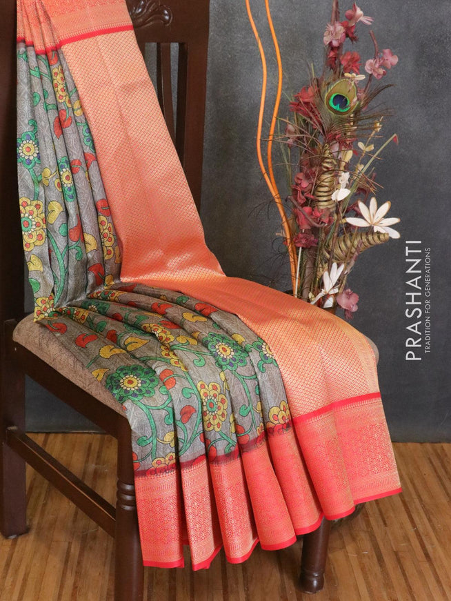 Malai silk saree grey and red with allover self emboss floral prints and zari woven border - {{ collection.title }} by Prashanti Sarees