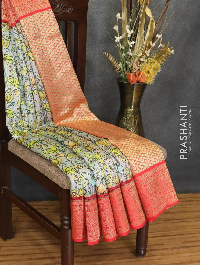 Malai silk saree grey and red with allover self emboss floral prints and zari woven border - {{ collection.title }} by Prashanti Sarees