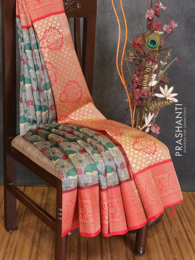 Malai silk saree grey and red with allover self emboss prints and zari woven border - {{ collection.title }} by Prashanti Sarees