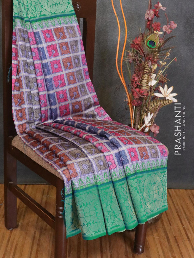 Malai silk saree lavender shade and blue shade with allover self emboss floral prints and floral zari woven border - {{ collection.title }} by Prashanti Sarees