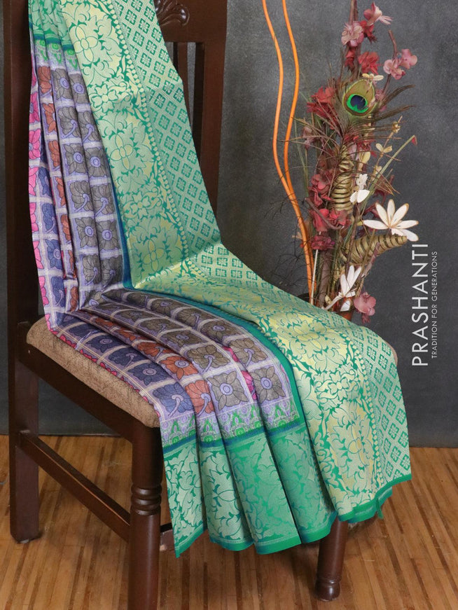 Malai silk saree lavender shade and blue shade with allover self emboss floral prints and floral zari woven border - {{ collection.title }} by Prashanti Sarees