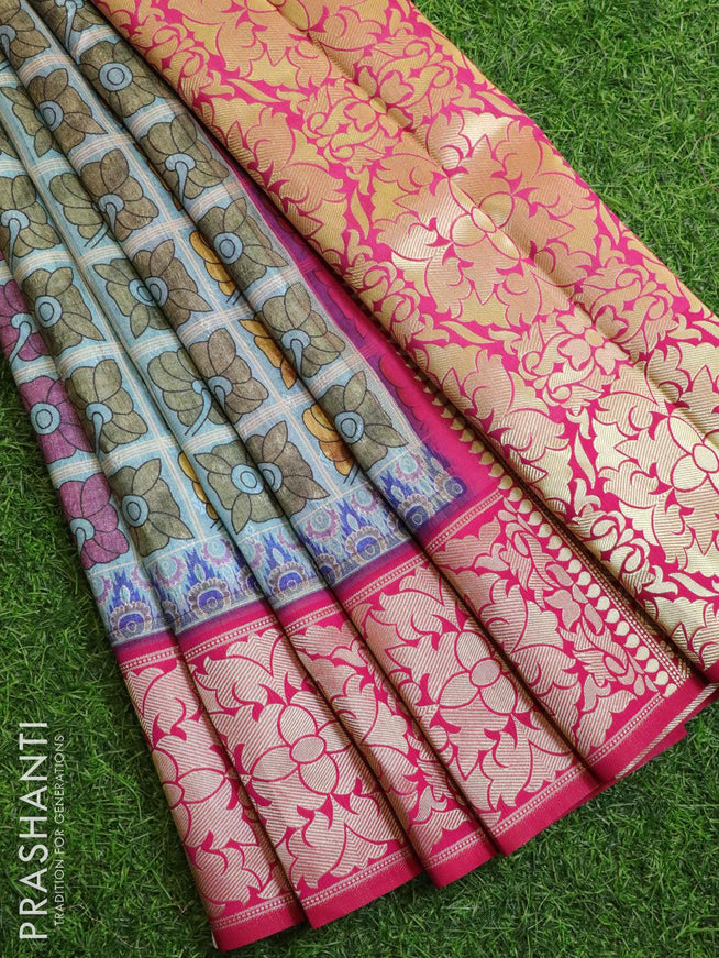 Malai silk saree light blue and pink with allover self emboss floral prints and floral zari woven border - {{ collection.title }} by Prashanti Sarees