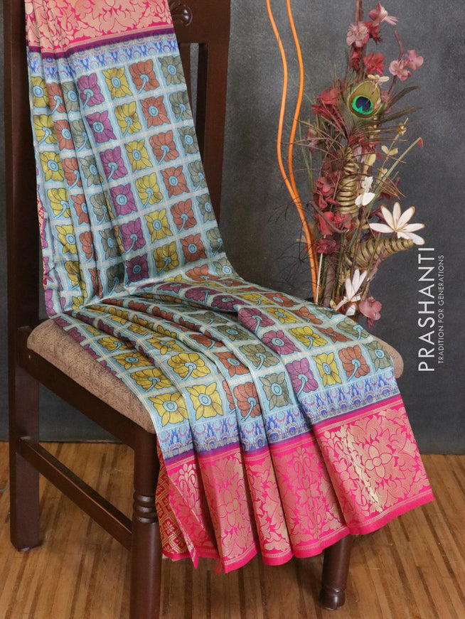 Malai silk saree light blue and pink with allover self emboss floral prints and floral zari woven border - {{ collection.title }} by Prashanti Sarees