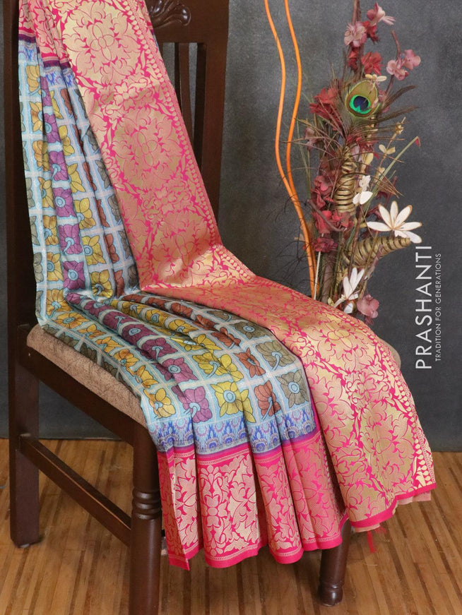 Malai silk saree light blue and pink with allover self emboss floral prints and floral zari woven border - {{ collection.title }} by Prashanti Sarees