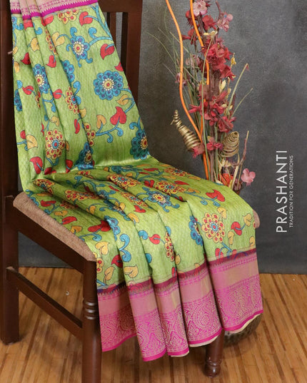 Malai silk saree light green and pink with allover self emboss floral prints and zari woven border - {{ collection.title }} by Prashanti Sarees