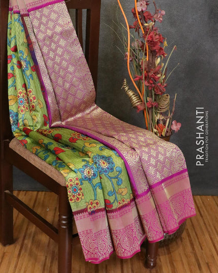 Malai silk saree light green and pink with allover self emboss floral prints and zari woven border - {{ collection.title }} by Prashanti Sarees