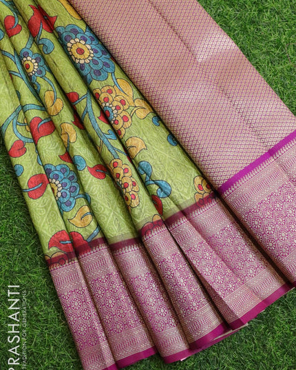 Malai silk saree light green and purple with allover self emboss floral prints and zari woven border - {{ collection.title }} by Prashanti Sarees
