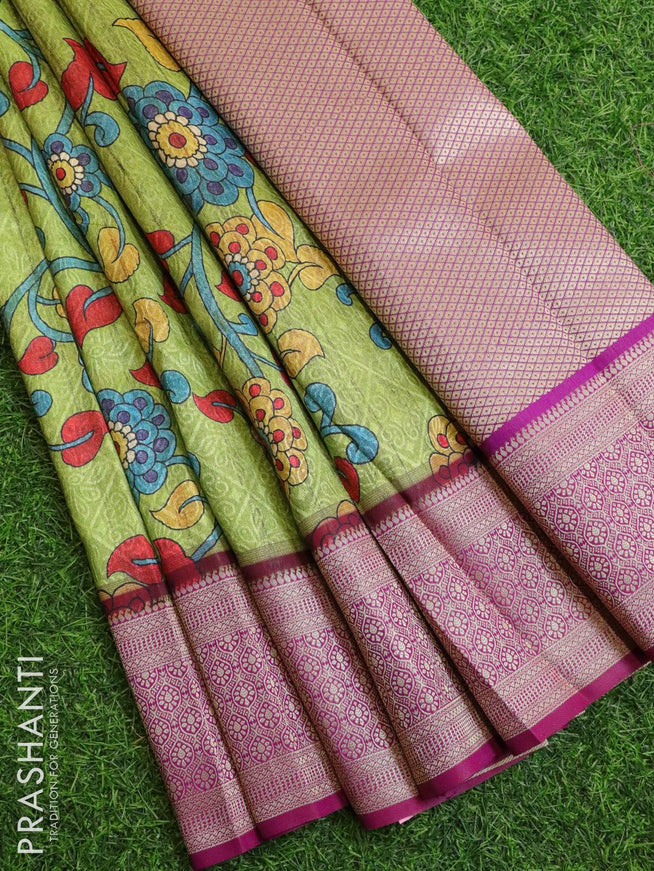 Malai silk saree light green and purple with allover self emboss floral prints and zari woven border - {{ collection.title }} by Prashanti Sarees