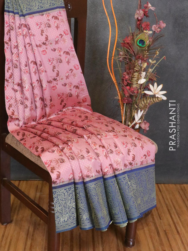 Malai silk saree light pink and blue with allover self emboss floral prints and paisley zari woven border - {{ collection.title }} by Prashanti Sarees