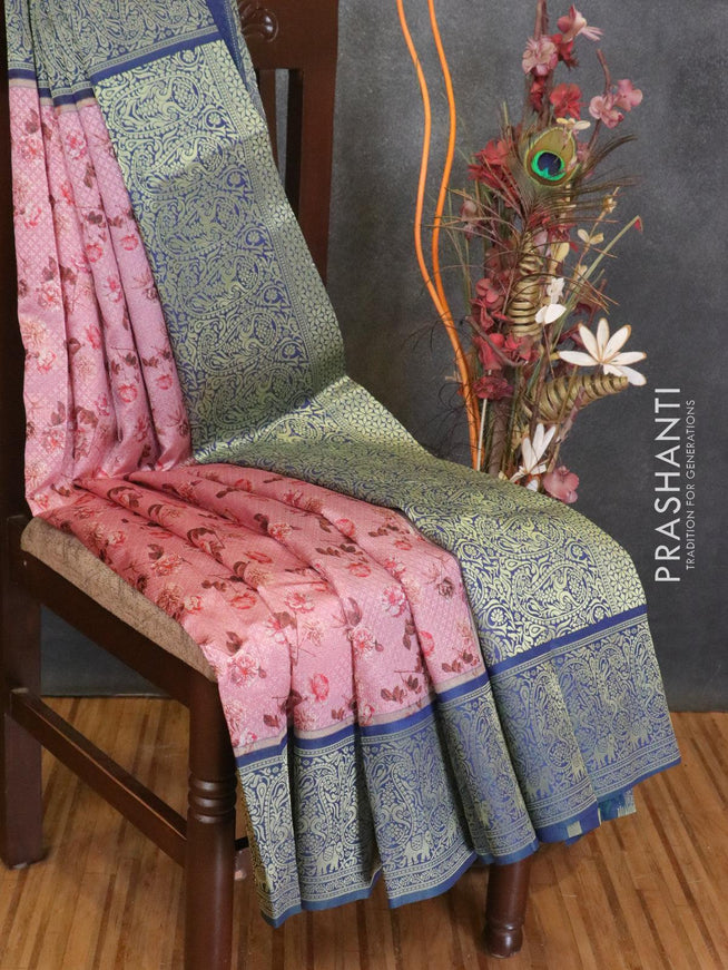 Malai silk saree light pink and blue with allover self emboss floral prints and paisley zari woven border - {{ collection.title }} by Prashanti Sarees