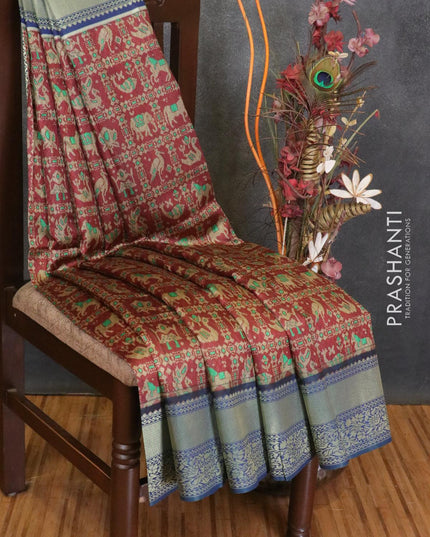 Malai silk saree maroon and blue with allover self emboss prints and zari woven floral border - {{ collection.title }} by Prashanti Sarees