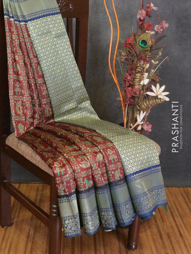 Malai silk saree maroon and blue with allover self emboss prints and zari woven floral border - {{ collection.title }} by Prashanti Sarees