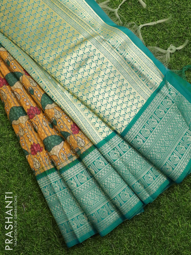 Malai silk saree mustard and blue with allover self emboss & floral prints and zari woven border - {{ collection.title }} by Prashanti Sarees