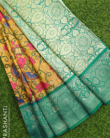 Malai silk saree mustard and blue with allover self emboss & floral prints and zari woven border - {{ collection.title }} by Prashanti Sarees
