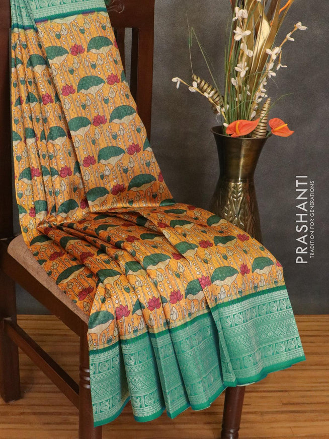 Malai silk saree mustard and blue with allover self emboss & floral prints and zari woven border - {{ collection.title }} by Prashanti Sarees