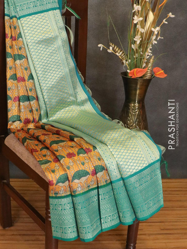 Malai silk saree mustard and blue with allover self emboss & floral prints and zari woven border - {{ collection.title }} by Prashanti Sarees