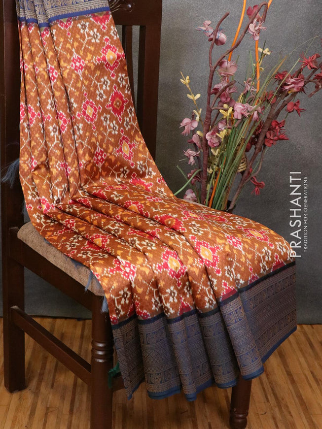 Malai silk saree mustard shade and blue with allover self emboss ikat prints and zari woven border - {{ collection.title }} by Prashanti Sarees