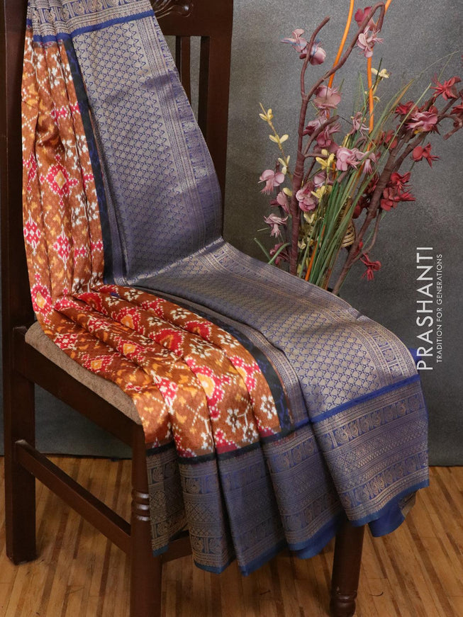 Malai silk saree mustard shade and blue with allover self emboss ikat prints and zari woven border - {{ collection.title }} by Prashanti Sarees