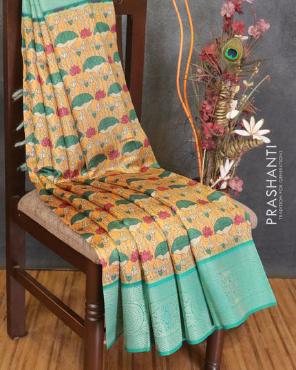 Malai silk saree mustard yellow and blue shade with allover self emboss prints and zari woven border - {{ collection.title }} by Prashanti Sarees