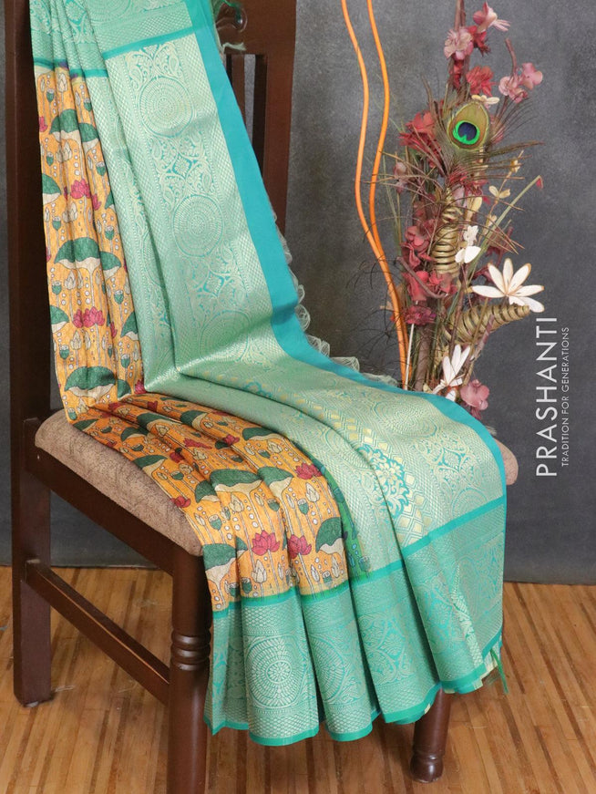 Malai silk saree mustard yellow and blue shade with allover self emboss prints and zari woven border - {{ collection.title }} by Prashanti Sarees