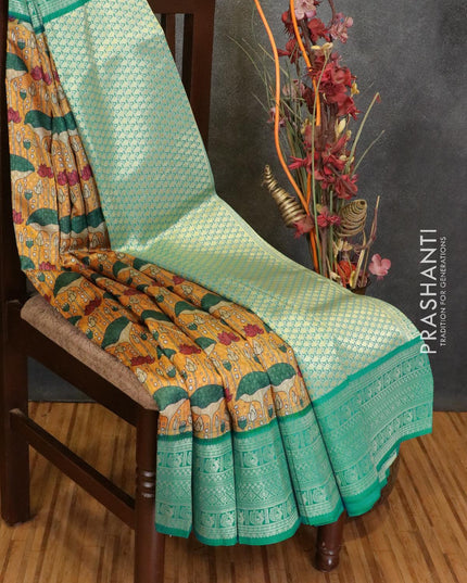 Malai silk saree mustard yellow and blue with allover self emboss floral prints and zari woven border - {{ collection.title }} by Prashanti Sarees