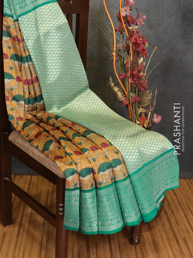 Malai silk saree mustard yellow and blue with allover self emboss floral prints and zari woven border - {{ collection.title }} by Prashanti Sarees
