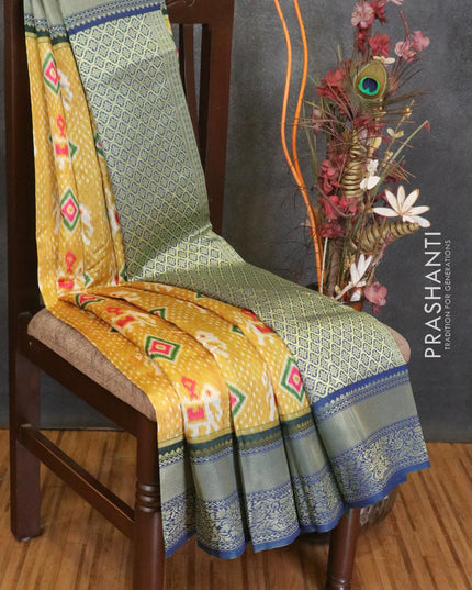 Malai silk saree mustard yellow and blue with allover self emboss ikat prints and zari woven border - {{ collection.title }} by Prashanti Sarees
