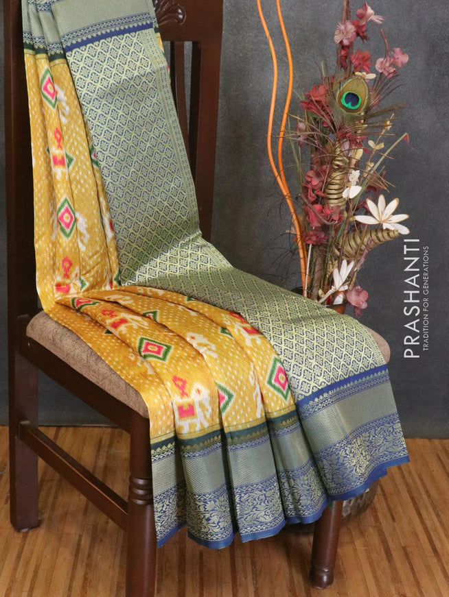 Malai silk saree mustard yellow and blue with allover self emboss ikat prints and zari woven border - {{ collection.title }} by Prashanti Sarees