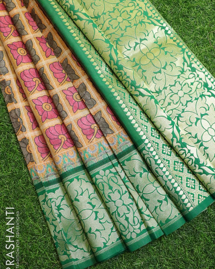 Malai silk saree mustard yellow and green with allover self emboss floral prints and floral zari woven border - {{ collection.title }} by Prashanti Sarees