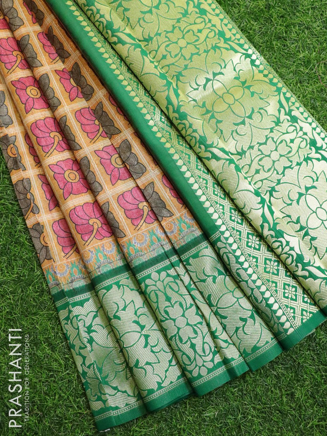 Malai silk saree mustard yellow and green with allover self emboss floral prints and floral zari woven border - {{ collection.title }} by Prashanti Sarees