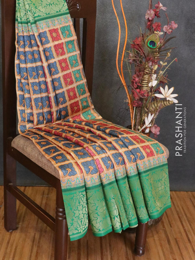 Malai silk saree mustard yellow and green with allover self emboss floral prints and floral zari woven border - {{ collection.title }} by Prashanti Sarees