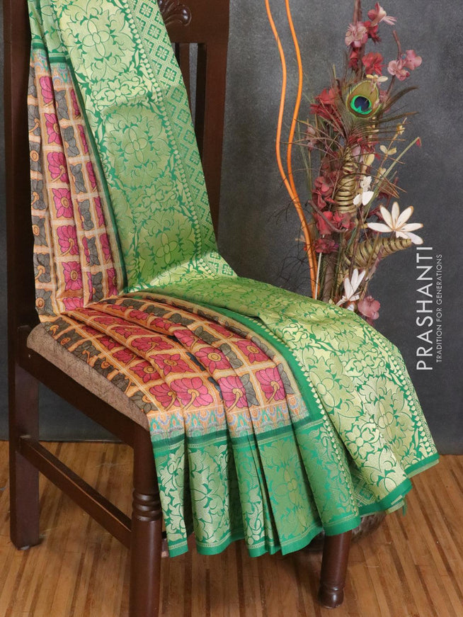 Malai silk saree mustard yellow and green with allover self emboss floral prints and floral zari woven border - {{ collection.title }} by Prashanti Sarees