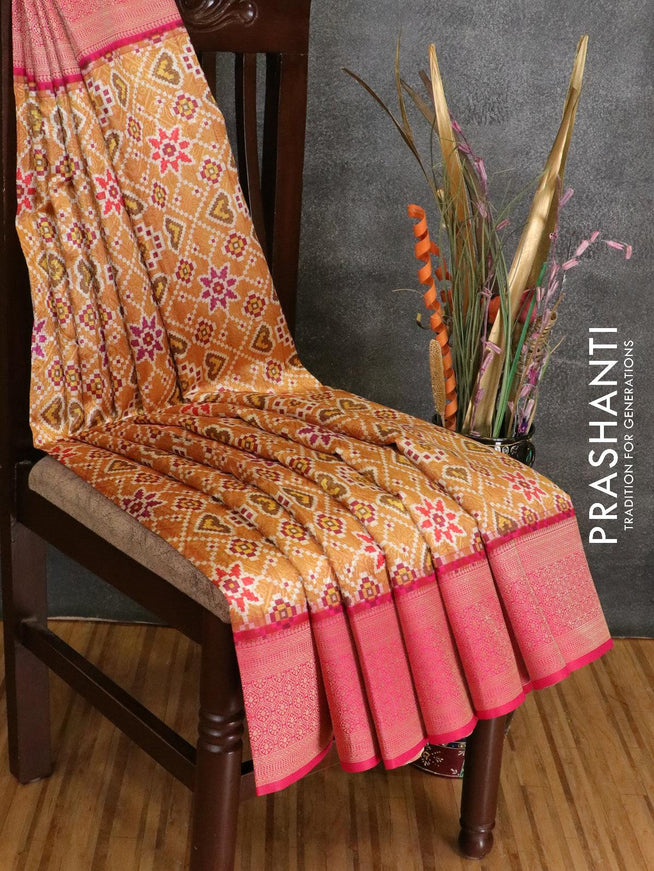 Malai silk saree mustard yellow and pink with allover self emboss prints and zari woven border - {{ collection.title }} by Prashanti Sarees