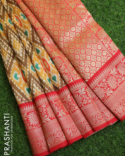 Malai silk saree mustard yellow and red with allover self emboss ikat prints and floral zari woven border - {{ collection.title }} by Prashanti Sarees