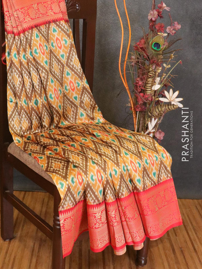Malai silk saree mustard yellow and red with allover self emboss ikat prints and floral zari woven border - {{ collection.title }} by Prashanti Sarees