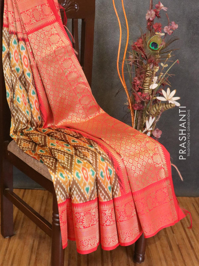 Malai silk saree mustard yellow and red with allover self emboss ikat prints and floral zari woven border - {{ collection.title }} by Prashanti Sarees