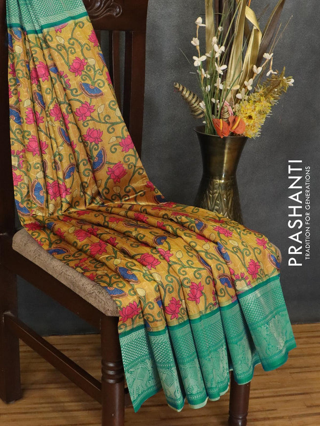 Malai silk saree mustard yellow and teal blue with allover self emboss floral prints and zari woven border - {{ collection.title }} by Prashanti Sarees